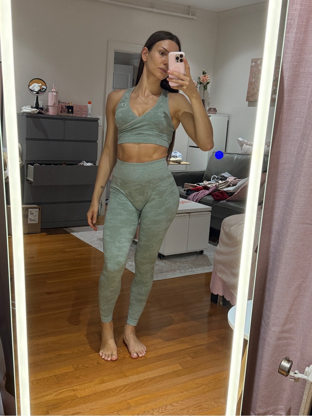 Gymshark Sage Green Seamless Workout Set - High Waist Leggings & Wrap Sports Bra